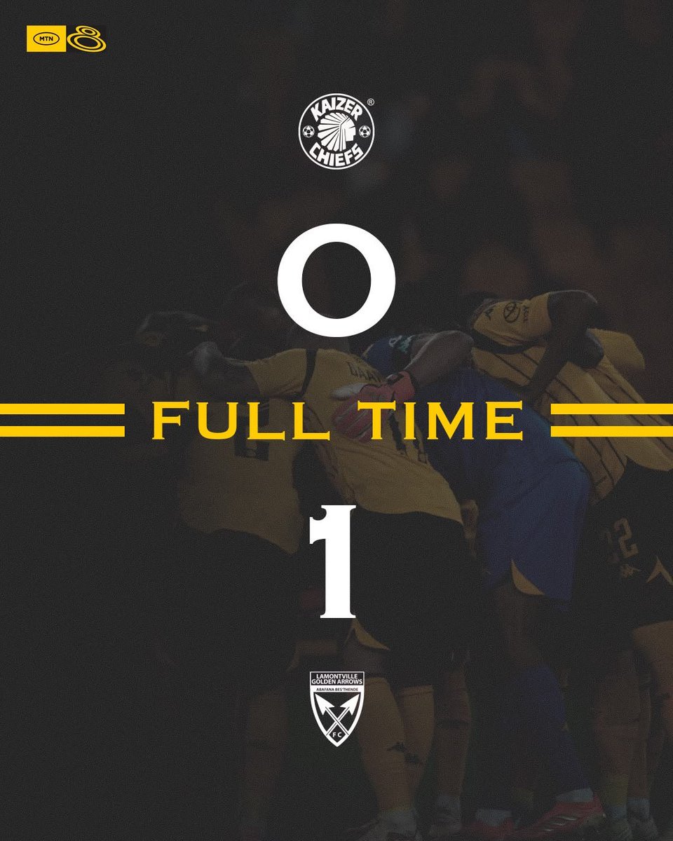 KaizerChiefs's tweet photo. 90 + 4’| #CHI 0 : 1 #LGA 

Full time score: Kaizer Chiefs 0 : 1 Lamontville Golden Arrows (Shezi 53’)

#Amakhosi4Life #TheKingdomRises #LoveAndPeace #MTN8 https://t.co/VbFJBJZQfR
