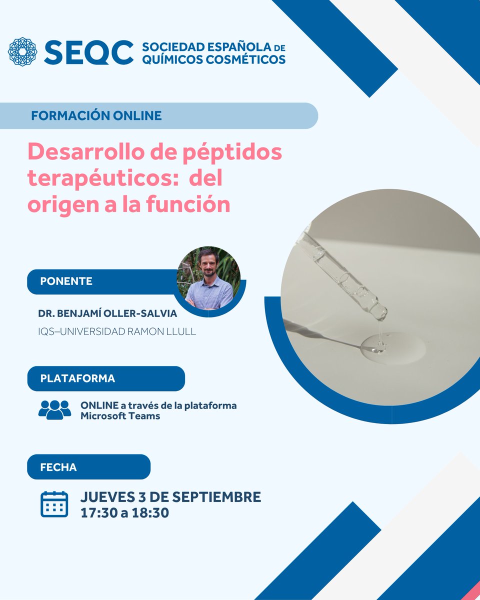 e_SEQC's tweet photo. “Desarrollo de péptidos terapéuticos: del origen a la función” impartida por el Dr. Benjamí Oller-Salvia.
📅 3 de septiembre
🕠 17:30 – 18:30 h
💻 Online
🔎 https://t.co/VPnB8mw5DQ
#Péptidos #FormulaciónCosmética #InnovaciónCosmética #CosmeticScience https://t.co/ifnkwWxaNI