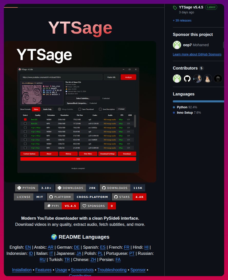 tom_doerr's tweet photo. YTSage leverages yt-dlp with a custom PySide6 interface to offer a modern solution for downloading YouTube videos in any quality, extracting audio, and fetching subtitles.

https://t.co/8tqSOaZqdG https://t.co/LdYnuWLhHL