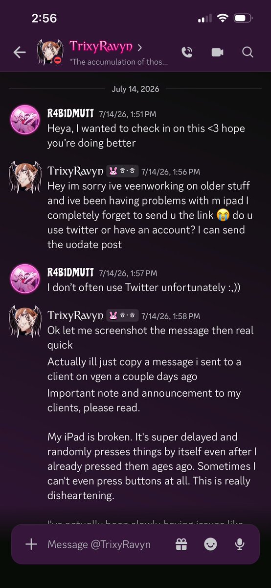 RabidmuttxX's tweet photo. I reached out to her on 4/5 seperate occasions during the course of may to now. Each time just asking for updates, and being understanding. Ask her to share the screens of each convo if needed. I have nothing to hide, and i hate drama so this is emotionally pretty taxing for me. https://t.co/wh0UGluVzk
