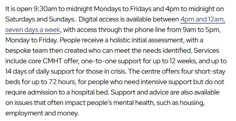 screenedout's tweet photo. One is a '24/7 centre' that is actually open 9.30am-midnight Mon-Fri and 4pm-midnight weekends. Another one is 8am-8pm Mon-Fri and 9am-5pm weekends, and is a new base for the local CMHT (as I suspect they all are or will be) https://t.co/EZw9gJyoBb