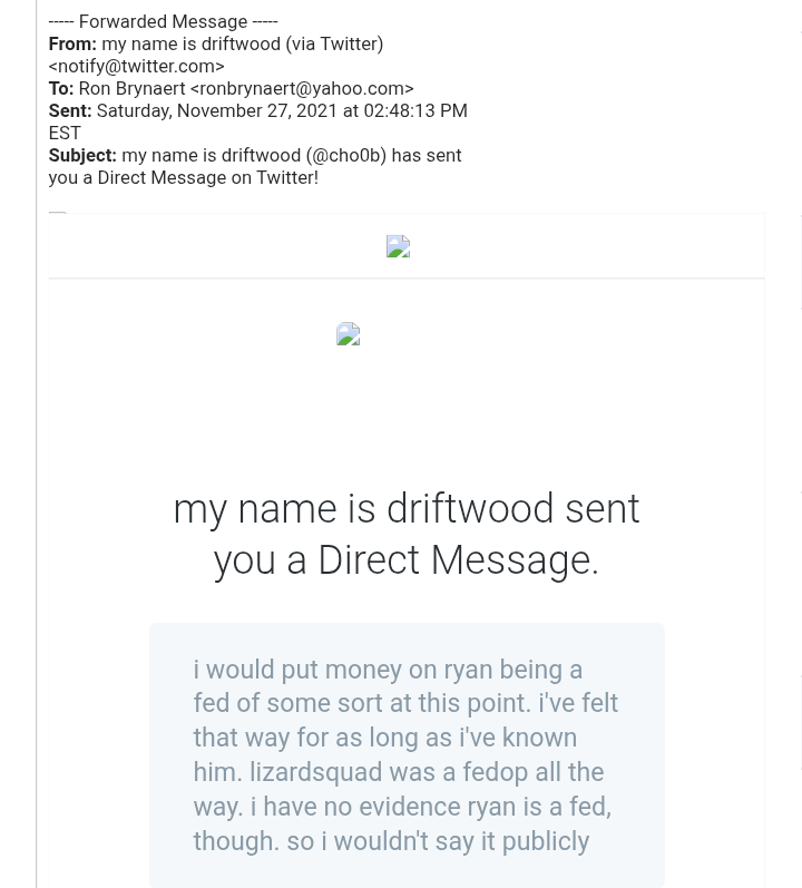 ronbryn's tweet photo. For years, @FuxNet claimed @urharmless was a fed "as long as" he's known him, but I guess they made up because trolling &amp; gaslighting @ProjPM is a top priority.

In 2014, I guess Fuxnet must have been retweeting Ryan because he was infiltrating a fed op. https://t.co/SdSsLw6iEA