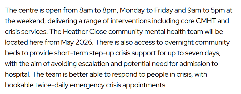 screenedout's tweet photo. One is a '24/7 centre' that is actually open 9.30am-midnight Mon-Fri and 4pm-midnight weekends. Another one is 8am-8pm Mon-Fri and 9am-5pm weekends, and is a new base for the local CMHT (as I suspect they all are or will be) https://t.co/EZw9gJyoBb