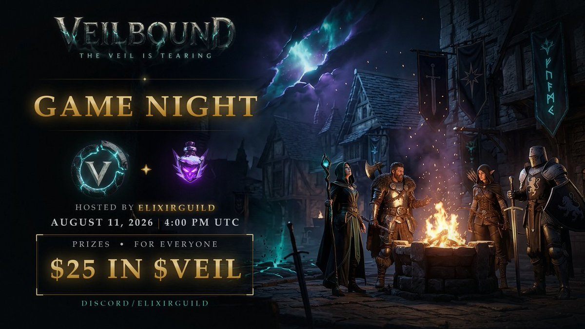 ElixirGuild's tweet photo. Are you guys ready for a massive game night?

We're diving into @veilboundgg for our upcoming event.

💰 Total Rewards: $25 in $VEIL for each and every person who joins the game using our referral (link is given below)

It is a P2E browser based MMORPG on Solana. Let's dive into the game together and explore the world.

📆 When: 11 August, 4 PM UTC

Join our discord for more info, links in bio and in comment 👇