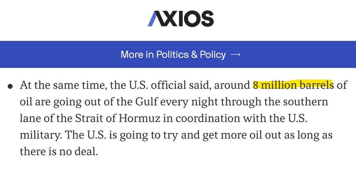 Rory_Johnston's tweet photo. Interesting US official claim re: 8 MMbpd of outbound Hormuz oil flow.

This is currently ~33% more than I'm seeing (including dark transits, Gulf of Oman STS, etc)

And critically it's 3-4x the pace of current inbound ballast, so even if it is currently true it's unsustainable. https://t.co/JsQIbrV3uB