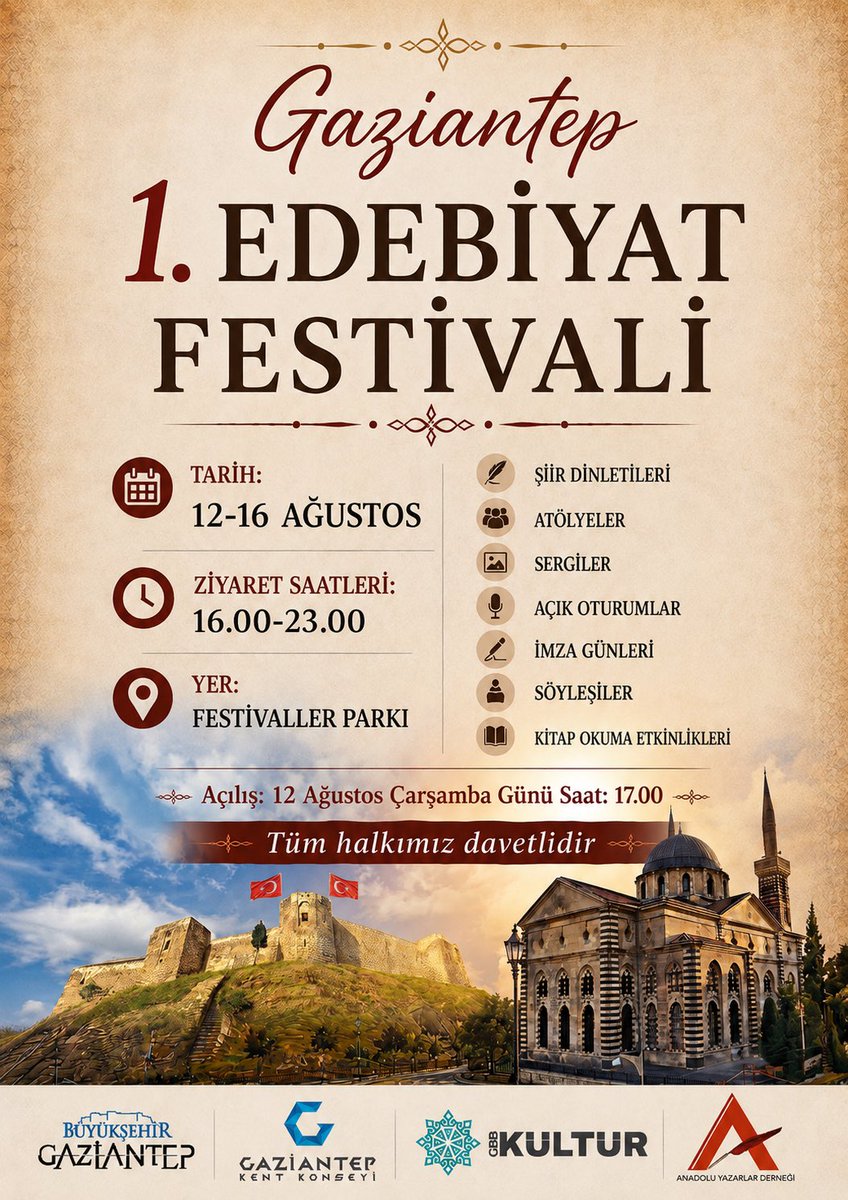 gulsengazel's tweet photo. Sevgili Gaziantepliler!
Gaziantep 1. Edebiyat Festivalimiz başlıyor. 
12-16 Ağustos tarihleri arasında herkesi bu edebiyat sofrasına bekliyoruz efendim. 
Gündemimiz, şiir, öykü, roman, kitap ve edebiyat. 
* Lütfen gönderiyi paylaşarak bu güzelliği çoğaltınız. 
#gaziantep #edebiyat #kitap