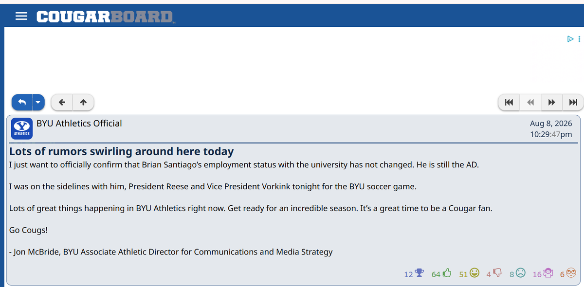 MattBrownEP's tweet photo. Here's something you don't see every day. 

BYU's official comms team signed up for an account on the largest BYU message board to respond to rumors about the school's AD. https://t.co/LMYZqzcFxH