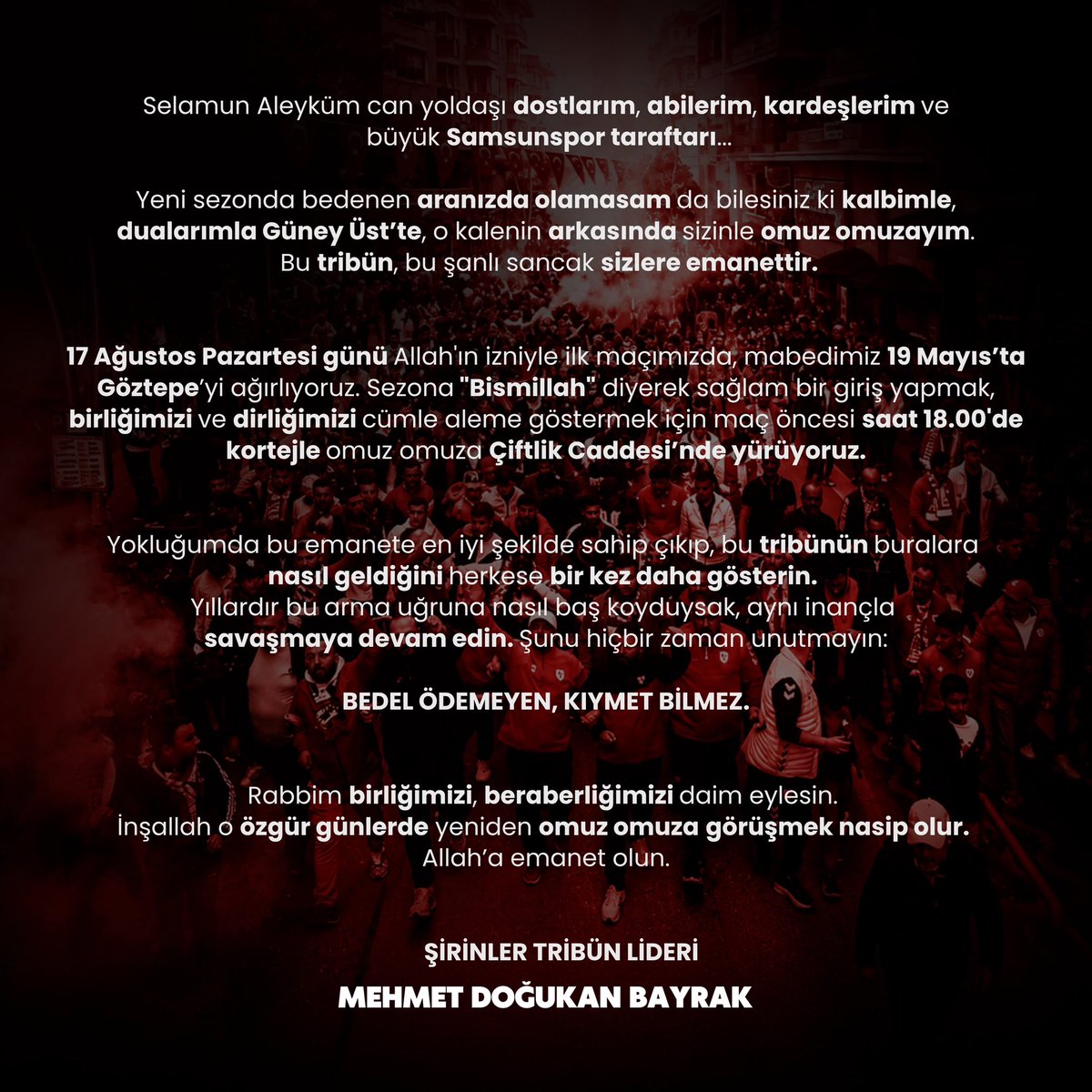 dogukanbayrakk's tweet photo. Selamun Aleyküm can yoldaşı dostlarım, abilerim, kardeşlerim ve büyük Samsunspor taraftarı. https://t.co/yPM3AUjVqC