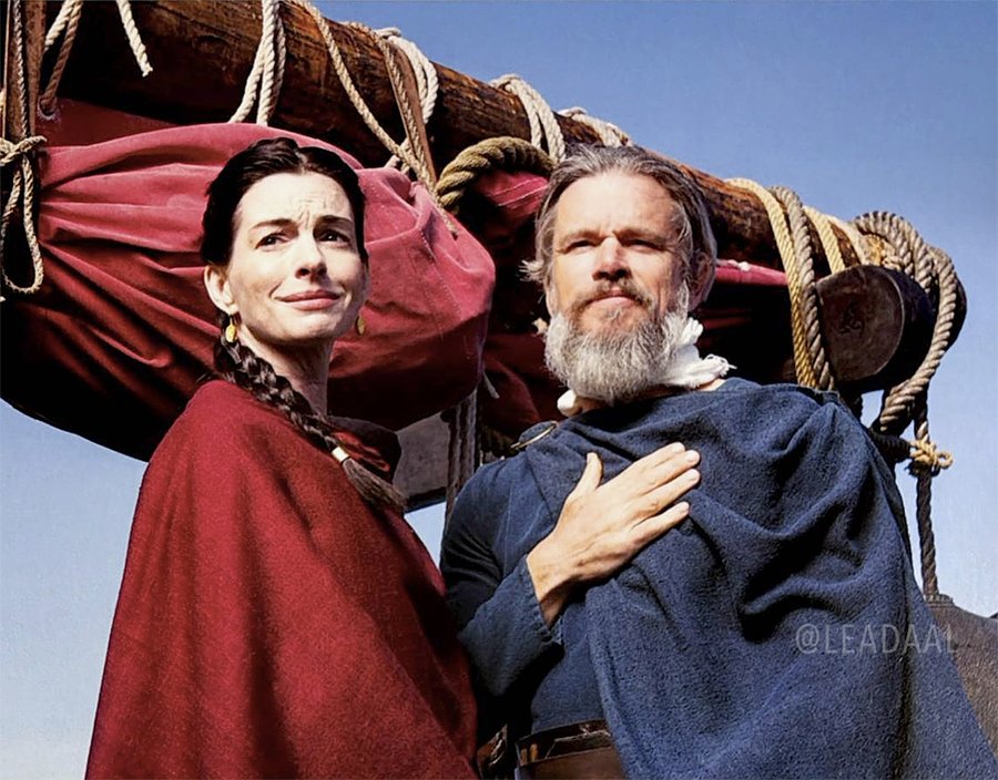 NolanAnalyst's tweet photo. New look at Anne Hathaway as Penelope, Matt Damon as Odysseus and Tom Holland as Telemachus in THE ODYSSEY, from the book Filming The Odyssey. https://t.co/UOTQ2Fi8AI