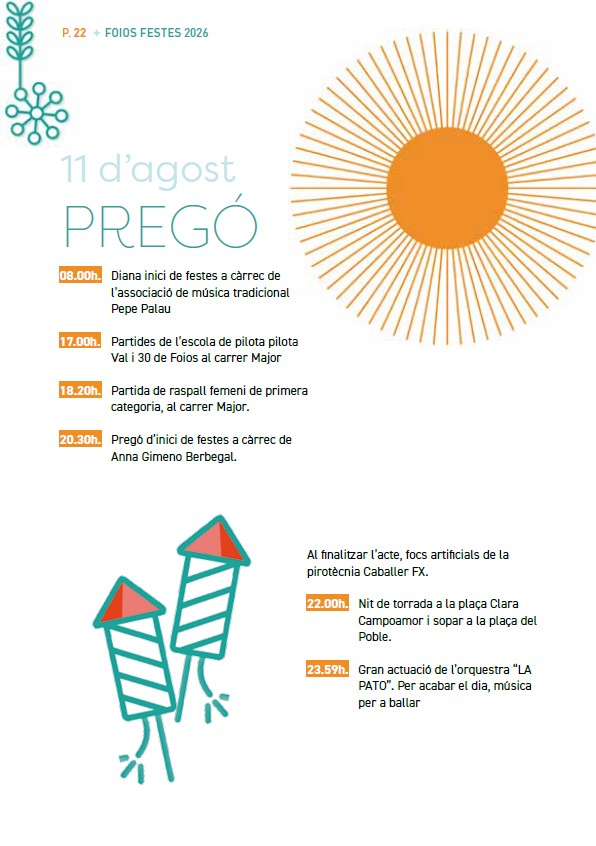 AFoios's tweet photo. 🗣️ L'11 d'agost és la jornada del pregó, amb una programació molt completa 👀👇

🎯 Diana inici de festes ⏰ 8 h

⚾️ Pilota valenciana ⏰ 17 i 18.20 h

📜 Pregó a càrrec d'Anna Gimeno Berbegal ⏰ 20.30 h

🥩 Nit de torrada ⏰ 22 h

🦆 Orquestra La Pato ⏰ 23.59 h https://t.co/heJoaeRaGP