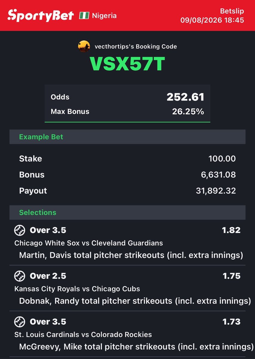 Mrsam4u01's tweet photo. VSX57T

ZEB0FB

TOTAL PITCHER STRIKEOUT

#Sportybet #Sportybetcode #trending 🔞 https://t.co/3SqO19qgJm