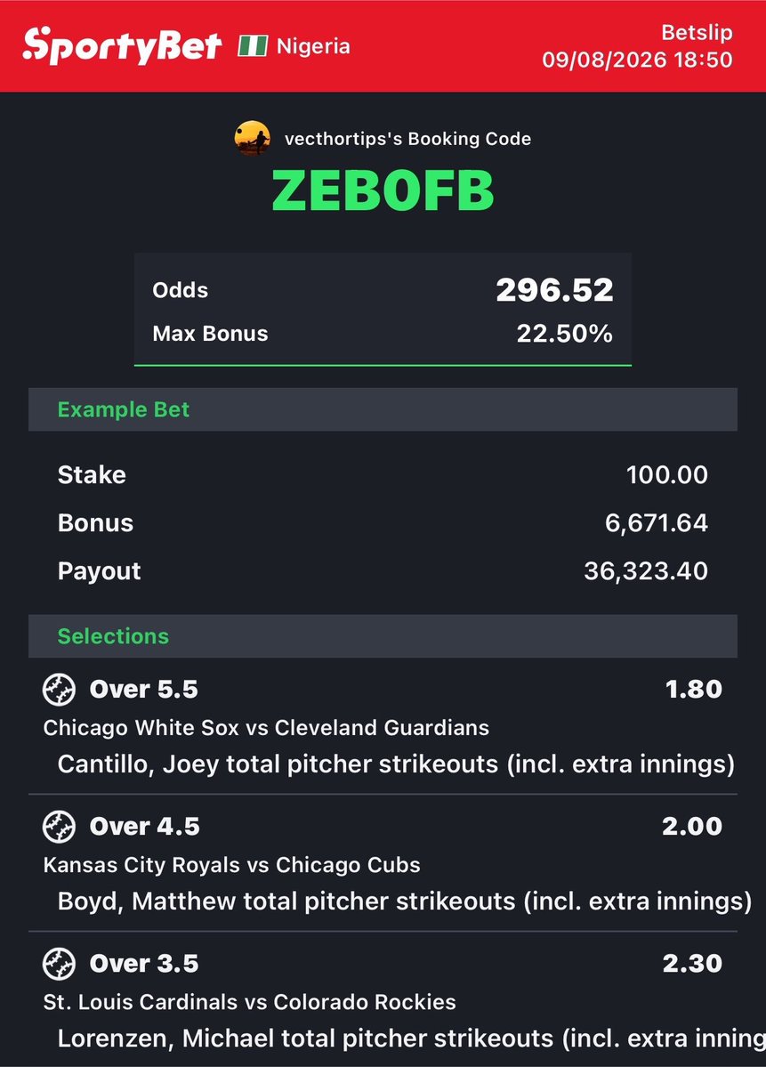 Mrsam4u01's tweet photo. VSX57T

ZEB0FB

TOTAL PITCHER STRIKEOUT

#Sportybet #Sportybetcode #trending 🔞 https://t.co/3SqO19qgJm