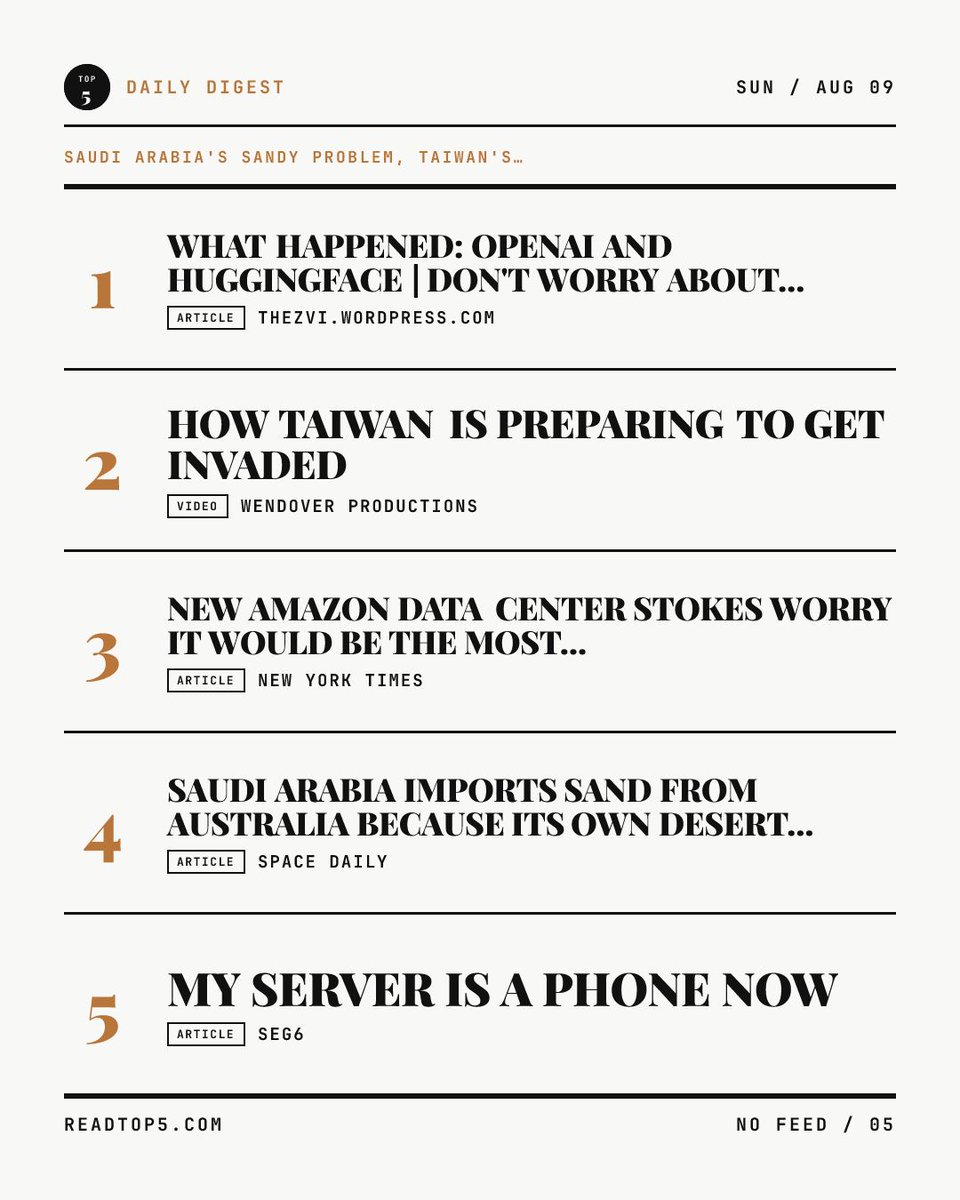 readtop5's tweet photo. Saudi Arabia's sandy problem, Taiwan's invasion prep, and why your server is now a phone

Today's five picks, free, no feed:
https://t.co/FnyQgybNX9 https://t.co/YquvUi0i3W