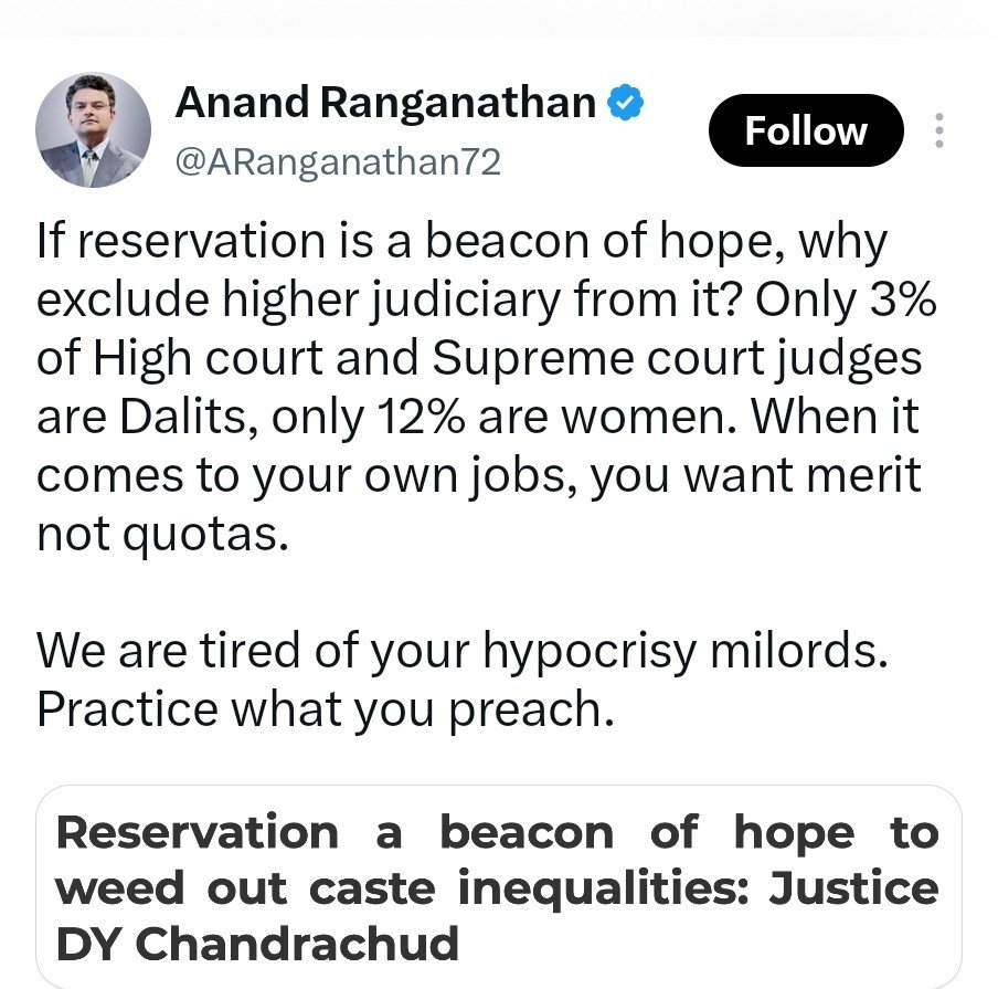 Rehna_AntiCaste's tweet photo. Here, a sanghi states the fact that only 3% of High Court and Supreme Court judges are Dalits, but remains silent on the reason behind their underrepresentation. In a world of casteist termites, reservation is the best pest control mechanism and must continue as long as casteist termites damages the foundation of an egalitarian society.