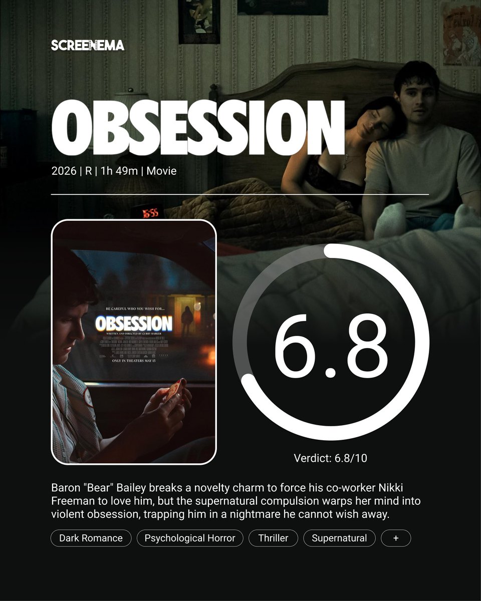 ScreenemaRates's tweet photo. How would you rate Obsession? Share your thoughts below!
#FilmReview #MovieReview #Obsession #FilmCritique #MovieDiscussion https://t.co/vAyEN4R85w