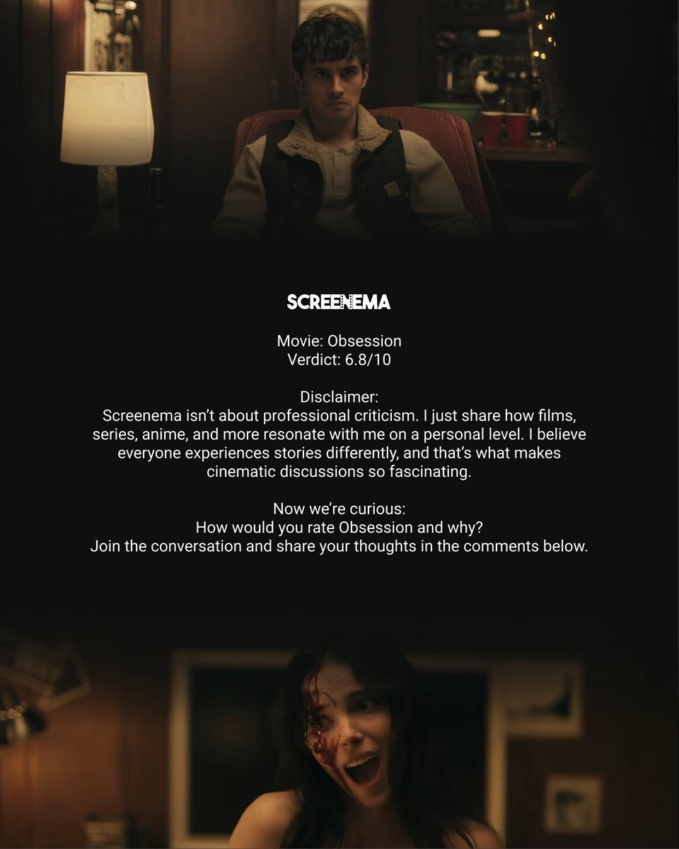 ScreenemaRates's tweet photo. How would you rate Obsession? Share your thoughts below!
#FilmReview #MovieReview #Obsession #FilmCritique #MovieDiscussion https://t.co/vAyEN4R85w