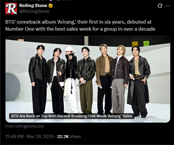 alwaysborahae's tweet photo. Don't box them in with anything other than other icons.
ARIRANG had the highest sales week for a group in over a DECADE. https://t.co/imJHv0tc8g