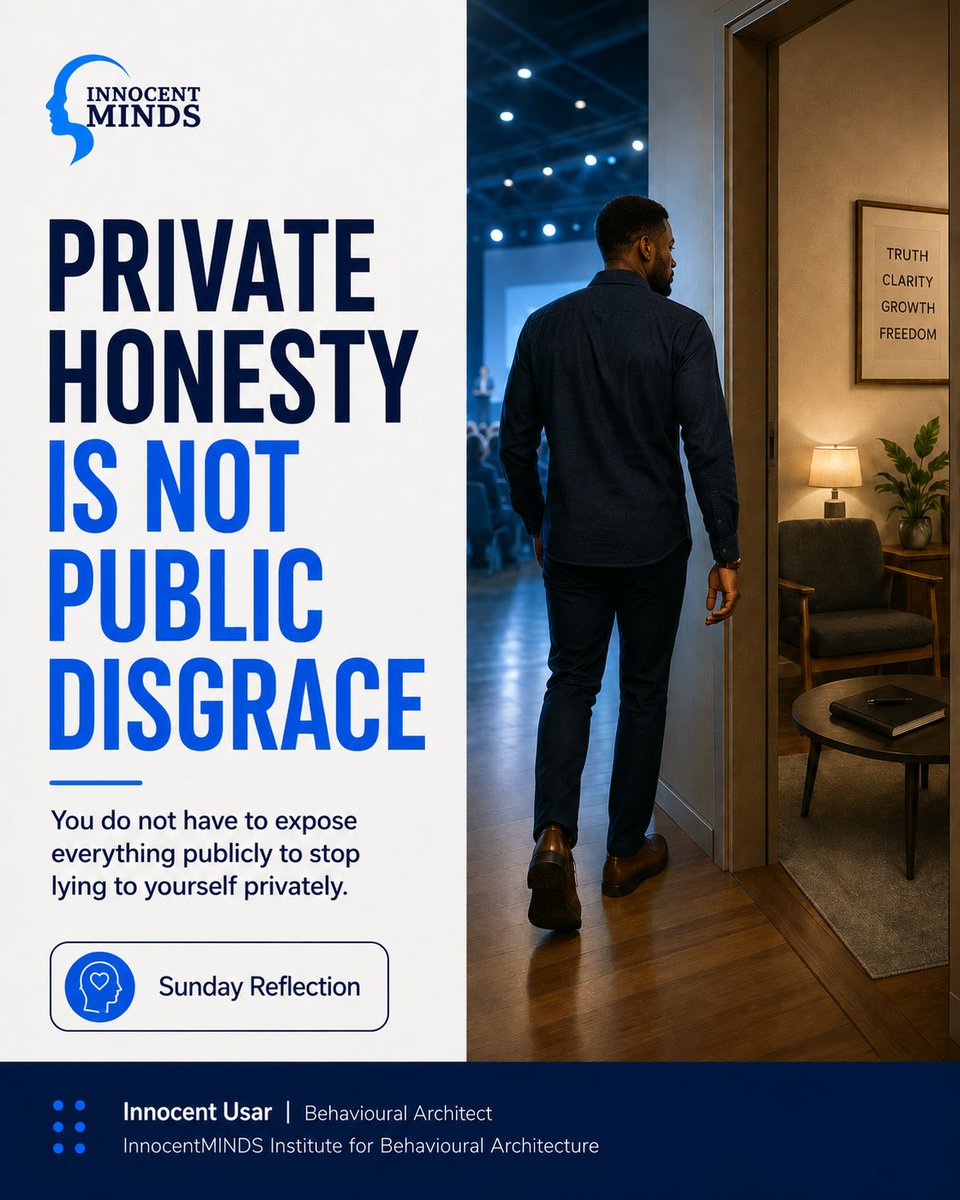 InnocentUsar's tweet photo. Private honesty is not public disgrace.

That distinction matters because many people keep protecting what is hurting them simply because they do not want to “wash dirty linen outside.”

But there are more options than:

Hide everything.

Or expose everything.

A family can protect privacy without protecting dysfunction.

A couple can respect confidentiality without pretending everything is fine.

A leader can protect institutional reputation without forcing employees to deny what is actually happening.

A strong person can remain dignified without performing strength every hour of every day.

You do not need to turn private pain into public content.

But somewhere, truth must become speakable.

A safe conversation.

A journal.

A trusted professional.

A diagnostic.

A learning room.

A private reflection.

Somewhere without the pressure to perform.

Because the longer appearance becomes more important than truth, the more likely the system is to organise itself around what nobody is allowed to say.

That happens in families.

Marriages.

Businesses.

Teams.

Faith communities.

Friendships.

And inside individuals.

The question is not only:

“What will people think if they know?”

Ask:

“What is this costing us because we refuse to know?”

There are homes that are organised but not intimate.

Leaders who are respected but emotionally exhausted.

Couples who function but no longer connect.

Families known for unity where nobody feels safe enough to disagree.

Professionals who look successful but have quietly disappeared inside the role.

The appearance may be real.

The pain may also be real.

Both can exist at the same time.

Behavioural Architecture asks us to look beyond the public story.

What is being protected?

What meaning is attached to the image?

What behaviour maintains the appearance?

What evidence says the system is healthy rather than simply functioning?

And what private change would become necessary if the truth were admitted?

You do not need public drama.

You need enough private honesty to stop doing public relations for what is quietly hurting you.

#BehaviouralArchitecture #PrivateHonesty #Relationships #Leadership #InnocentMINDS