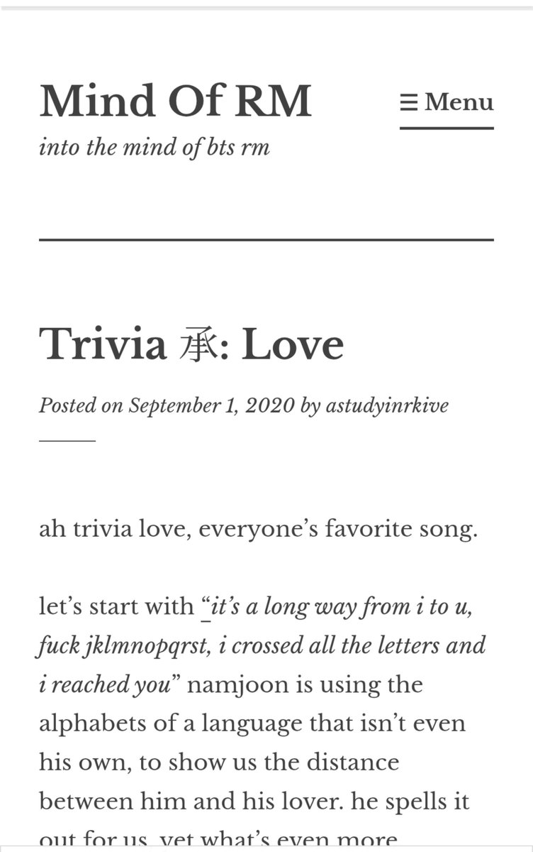 bt7_seven's tweet photo. Oh! I just discovered this really cool blog dedicated to appreciating and analysing Namjoon's lyrics it's called " Mind Of RM " and it's so beautiful and cool 🥺
They analysed songs like Reflection and Trivia : Love but it looks like it's been ai 4 a while
https://t.co/BkTu2wqmNW https://t.co/SxL3O8HpMM