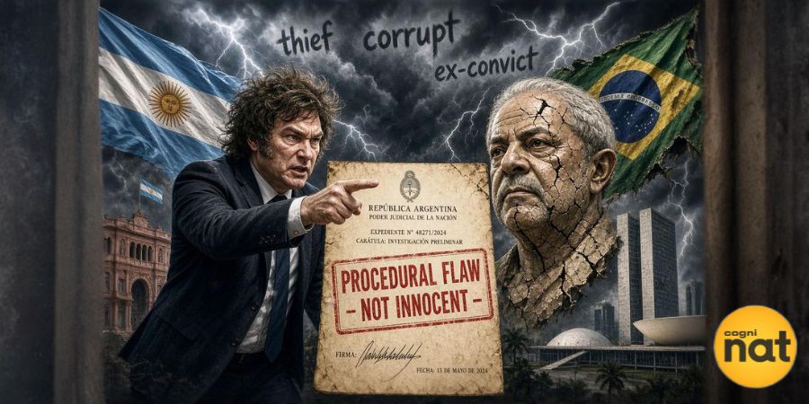 sparxsthink's tweet photo. Argentina’s Milei: “Lula is not innocent. He was freed due to a procedural flaw.” He called Lula a “thief”, “corrupt”, “ex‑convict”. #Argentina #Brazil #Politics https://t.co/8mF5TCThtM