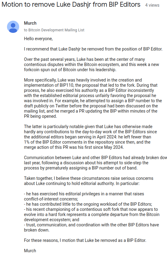 murchandamus's tweet photo. Since it will likely land here on Twitter soon anyway: 
I have recommended the removal of Luke Dashjr from the BIP Editors to the mailing list. https://t.co/95TfZoccIN