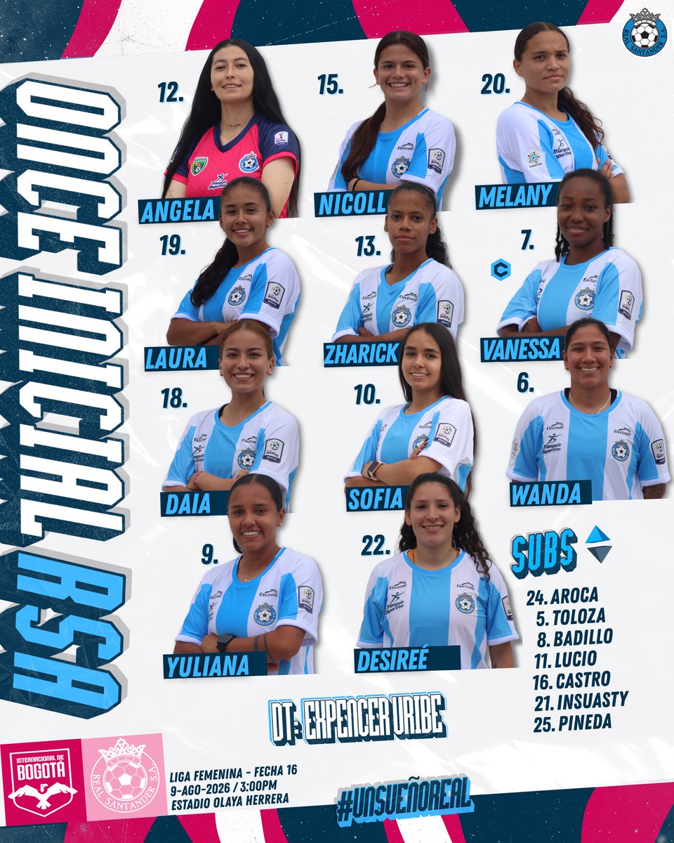 RealsantanderSA's tweet photo. #XIinicial 📝🩵🤍| Estas son las XI elegidas por nuestro DT  Expencer Uribe para enfrentar a Internacional por la fecha 16 de la Liga BetPlay.

¡VAMOS GUERRERAS! 🙌🏼🔥

#UnSueñoReal 
🩵🤍⚽️ https://t.co/OTyx541Q5S