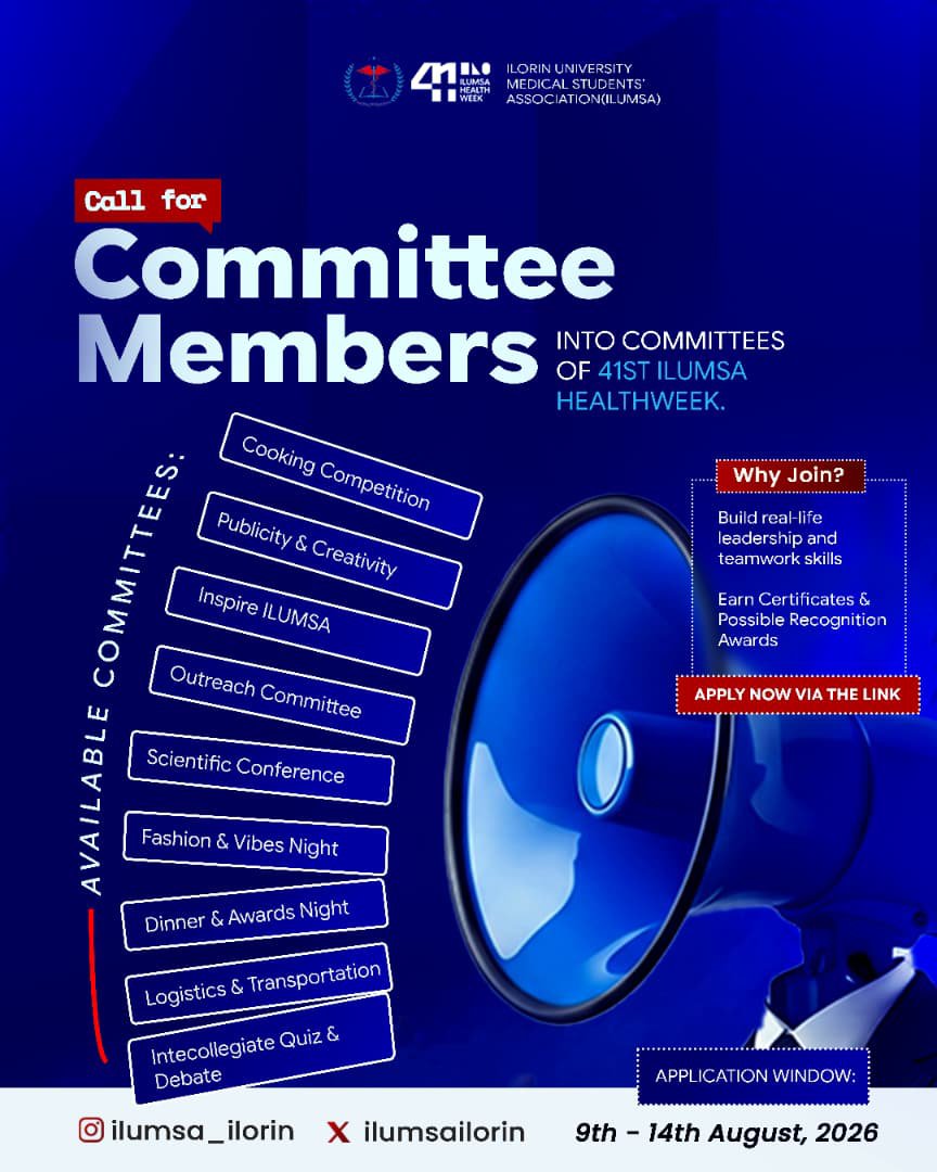 IlumsaIlorin's tweet photo. 📢 CALL FOR COMMITTEE* *MEMBERSHIP FOR THE
 41st ILUMSA HEALTH WEEK

🔥The 41st ILUMSA Health Week is almost here, and we're officially opening the call for applications into various health week planning committees. https://t.co/O6N6tqMtCu