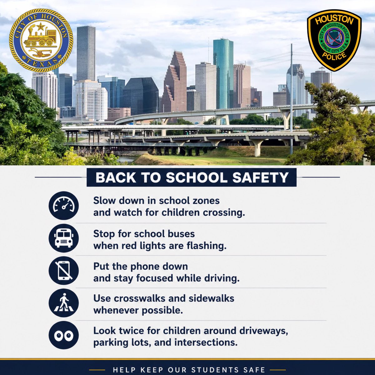 houstonpolice's tweet photo. Back to school is here! HPD reminds all drivers to stay alert, slow down, and watch for students and school buses. Let’s make safety a priority this school year. https://t.co/CL7aF7tUOa