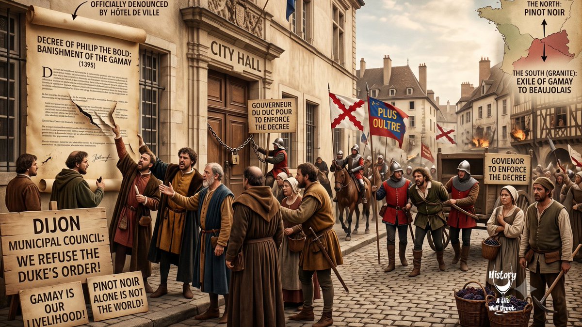 ALifeWellDrunk's tweet photo. August 9, 1395: Dijon defied Duke Philip's ban on Gamay, sparking a viticultural shift that made Beaujolais famous. #WineHistory #WineEducation #France #Vin https://t.co/4GyO2uZtiI