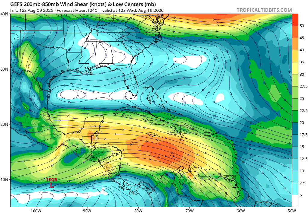 TexasMoran's tweet photo. @BobbiStorm @NewThor There is a narrow pathway, if MDR systems can get above about 22*N without recurving, there looks to be an area of not-unfavorable shear. Threading a needle to be sure, but EC Florida and points north, there is a pathway to an MDR hurricane, even if narrow. #tropics https://t.co/IfcTFdFzYY