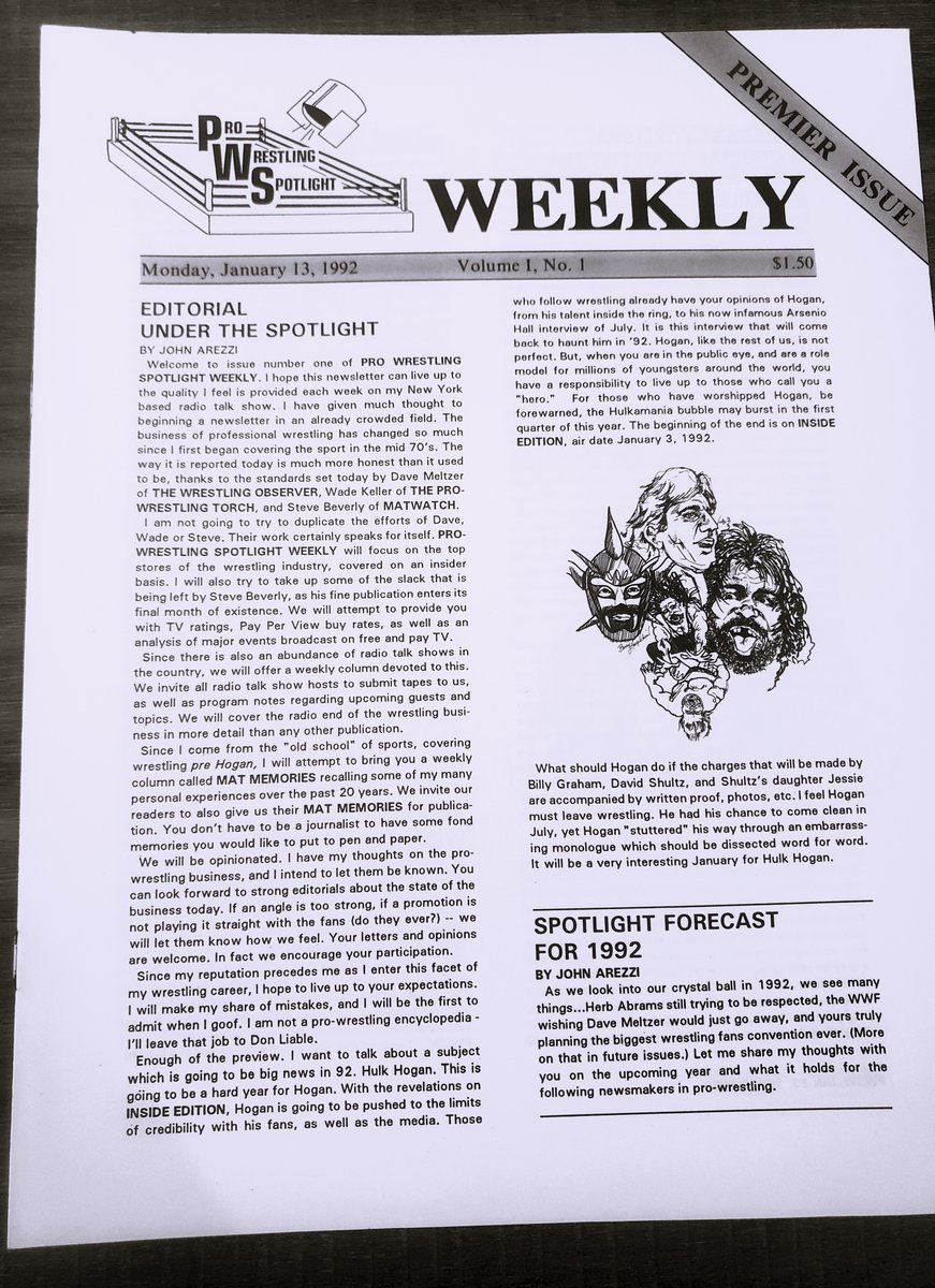 WCWNitroBook's tweet photo. The Premier Issue of Pro Wrestling Spotlight Weekly (1/13/92). This newsletter is in excellent condition, despite being over 34 years old.

DMs are open for interested collectors!