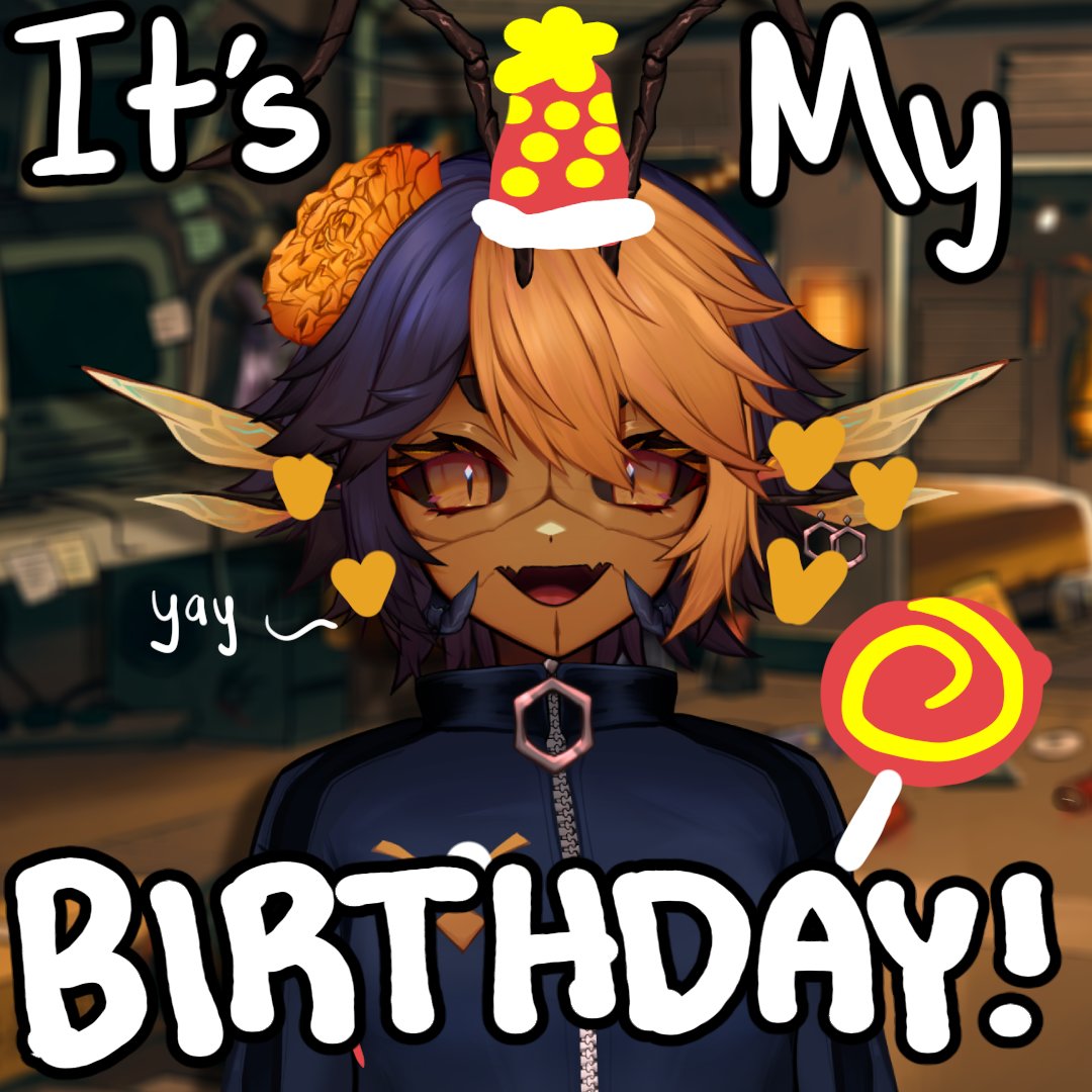 LaAvispa_VTuber's tweet photo. Happy Bee-Day to ME!!! 🥳🎂

I really am so incredibly lucky to spend another year with you grubs. 💛 I have SO MUCH fun stuff planned for the streams this week to celebrate, and you are all officially invited to the party!  💢 https://t.co/TZ3EdNjQAV
