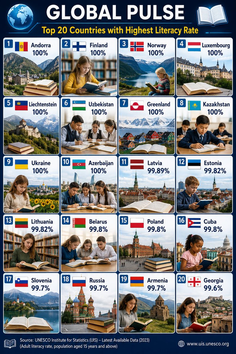 Globalstats_77's tweet photo. 🌍 Top 20 Countries with Highest Literacy Rate

① 🇦🇩 Andorra — 100%
② 🇫🇮 Finland — 100%
③ 🇳🇴 Norway — 100%
④ 🇱🇺 Luxembourg — 100%
⑤ 🇱🇮 Liechtenstein — 100%
⑥ 🇺🇿 Uzbekistan — 100%
⑦ 🇬🇱 Greenland — 100%
⑧ 🇰🇿 Kazakhstan — 100%
⑨ 🇺🇦 Ukraine — 100%
⑩ 🇦🇿 Azerbaijan — 100%
⑪ 🇱🇻 Latvia — 99.89%
⑫ 🇪🇪 Estonia — 99.82%
⑬ 🇱🇹 Lithuania — 99.82%
⑭ 🇧🇾 Belarus — 99.8%
⑮ 🇵🇱 Poland — 99.8%
⑯ 🇨🇺 Cuba — 99.8%
⑰ 🇸🇮 Slovenia — 99.7%
⑱ 🇷🇺 Russia — 99.7%
⑲ 🇦🇲 Armenia — 99.7%
⑳ 🇬🇪 Georgia — 99.6%