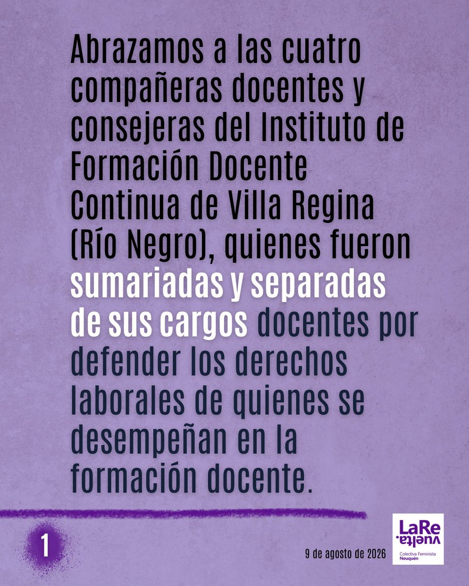 LaRevuelta_ok's tweet photo. 💜Sumate al abrazo a las cuatro compañeras docentes y consejeras del Instituto de Formación Docente Continua de Villa Regina (Río Negro), sumariadas y separadas de sus cargos docentes por defender los derechos laborales de quienes se desempeñan en la formación docente. 💜 https://t.co/DskG24HtfY
