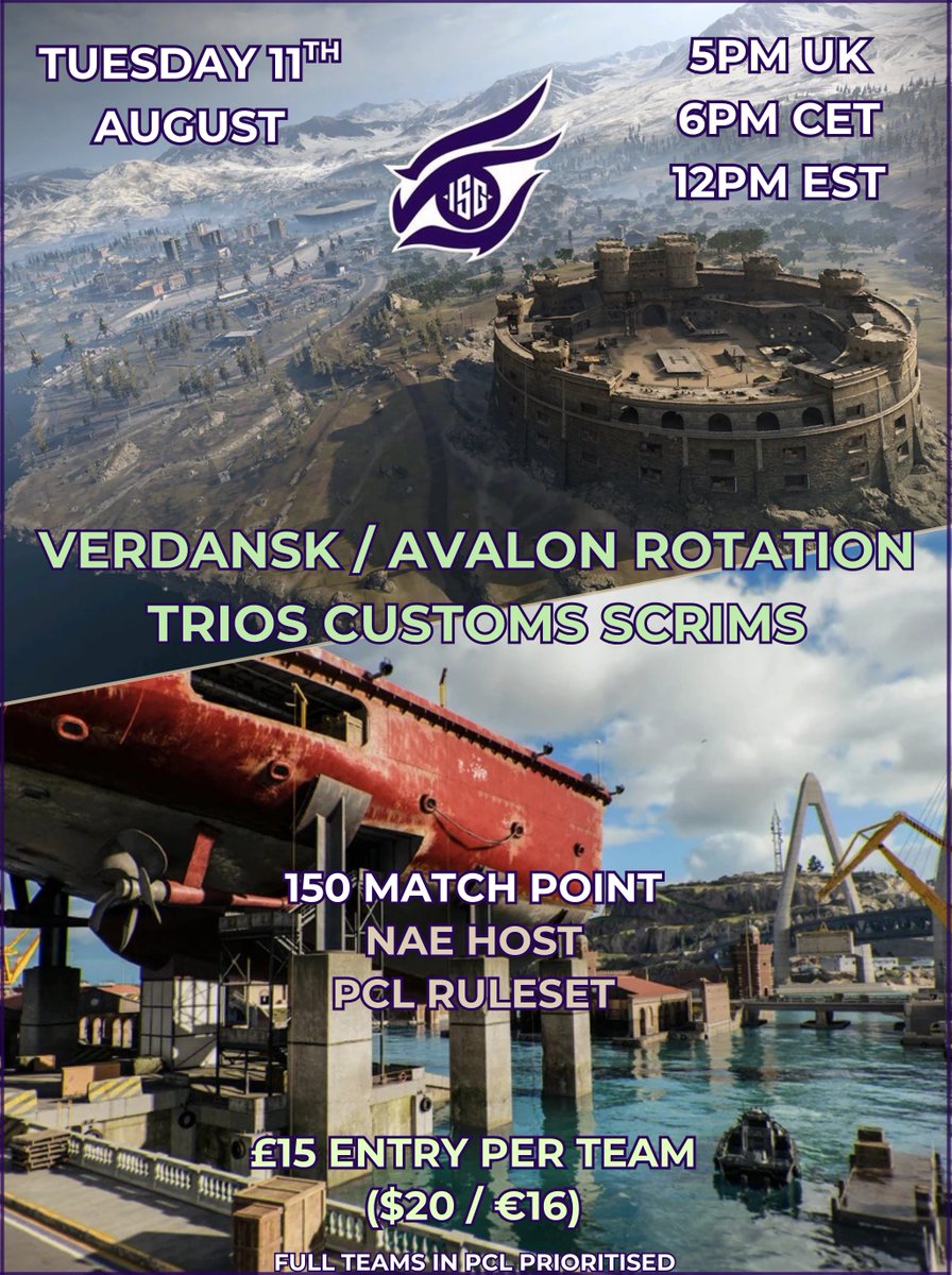 InsightGaming's tweet photo. 🚨PCL Priority Verdansk / Avalon Rotation Trio Customs Scrims
🎯150 Match Point

📅Tuesday 11th August
⏰5pm UK / 6pm CET / 12pm EST

🇺🇸NAE Host (PCL)
💵£15 Entry Per Trio ($20/€18)

Reply Below for a spot⬇️

Join the ISG disc: https://t.co/3SrJU4TOAQ

(Wednesday Scrims will be posted later tonight!) 

don’t forget, our upcoming tournaments and current signups can always be found in our website here: https://t.co/ZJO6KmIDYo)