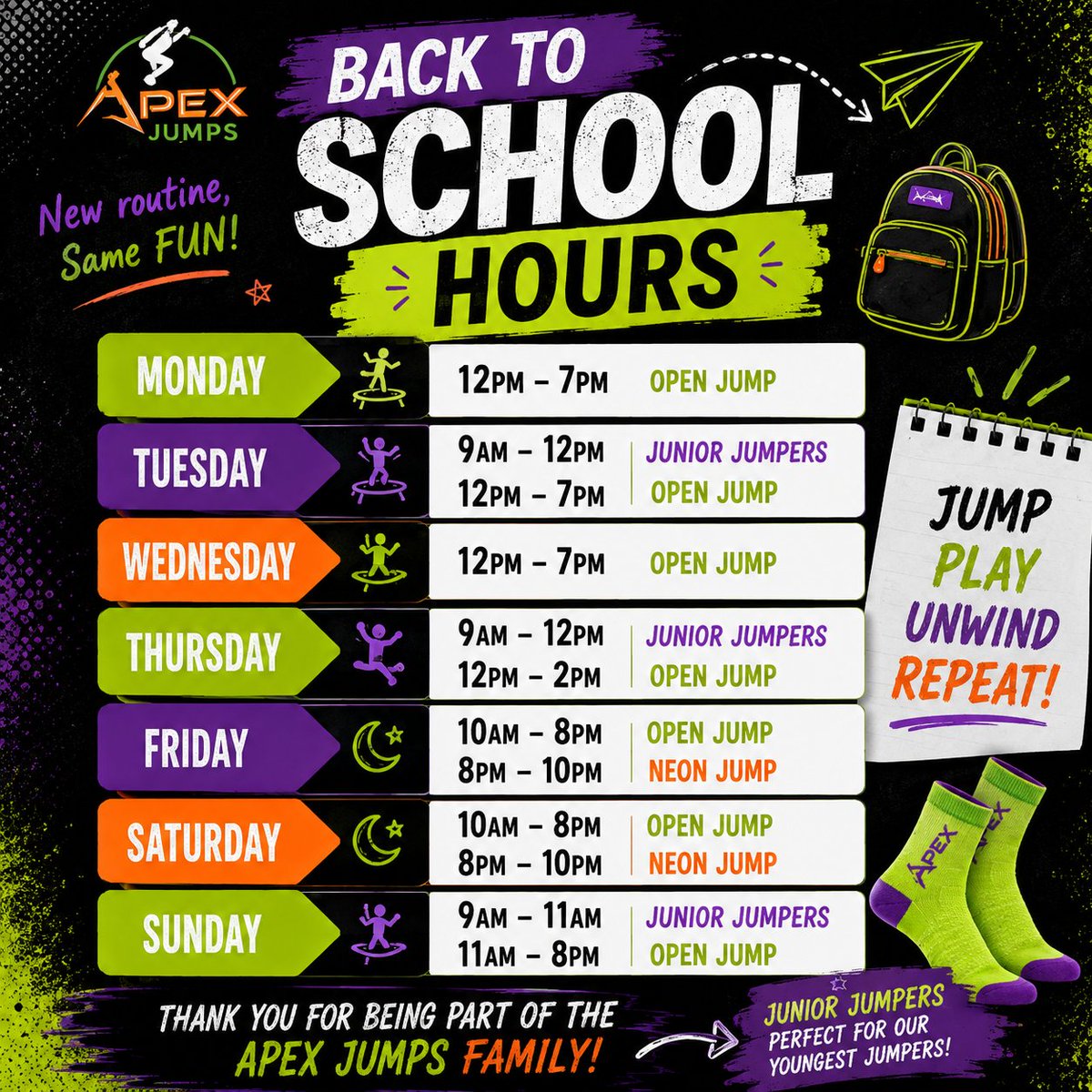 AJdublinoh's tweet photo. 🎒 BACK TO SCHOOL = BACK TO JUMPING! 🤸‍♀️📚

School is back, and so is a NEW Apex Jumps schedule! 🎉 Check out our updated hours and find the perfect time to come jump, play, and have some fun!

#ApexJumps #BackToSchool #BackToSchoolFun #OpenJump #TrampolinePark #FamilyFun https://t.co/wI7WGcys8n