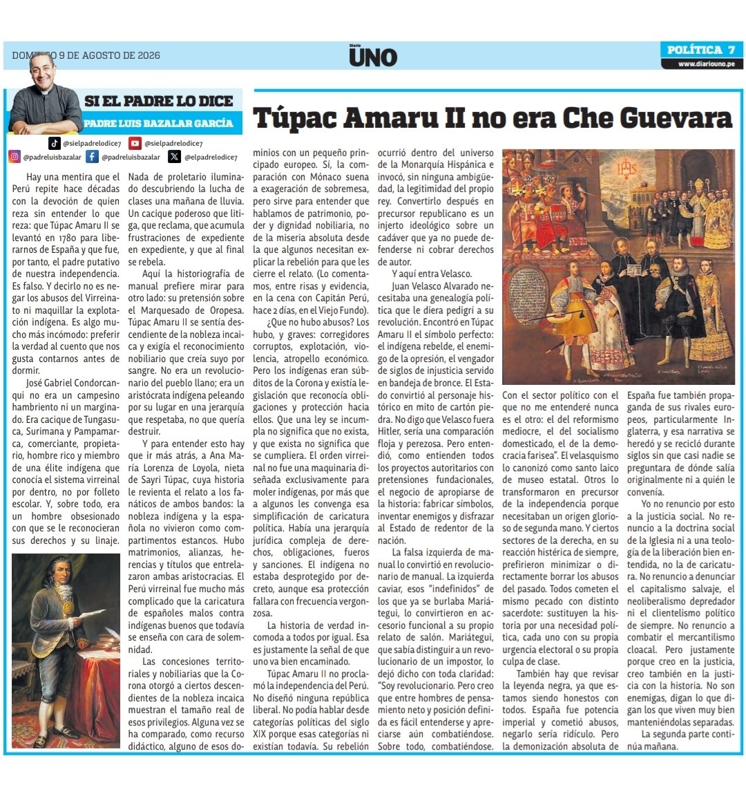 elpadrelodice7's tweet photo. «Soy amigo de Platón, pero más amigo de la verdad». Lamento que la falsa izquierda, los progres y los caviares-los indefinidos, socialistas domesticados y fariseos que tanto despreciaba Mariátegui- se retuerzan por mi artículo. La historia no es propiedad de ninguna ideología. Ya es hora de arrancar a Túpac Amaru II de la mitología política y devolvérselo a la verdad histórica. Les guste o no. Hoy, por @diariounoperu.