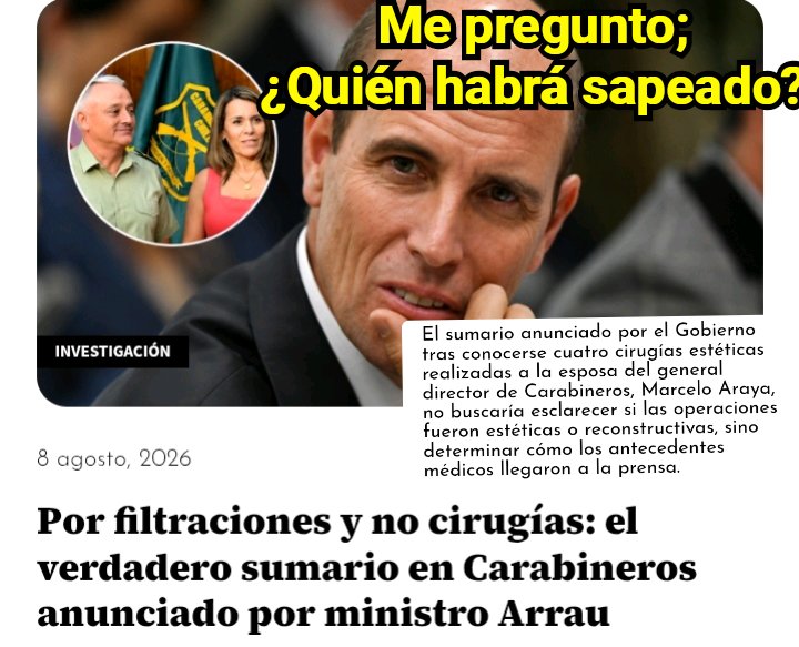 Incorru47125032's tweet photo. ¿Vieron esto?
Arrau pidió un sumario para saber qn sapeó las enchuladas q el Gral director de Carabineros, Marcelo Araya le hizo a su doña con nuestra plata.
O sea, no le importa q le roben los morlacos al pueblo, si no q se haya descubierto el manotazo.
El gob se cae a pedazos. https://t.co/5m6IsSEwa9