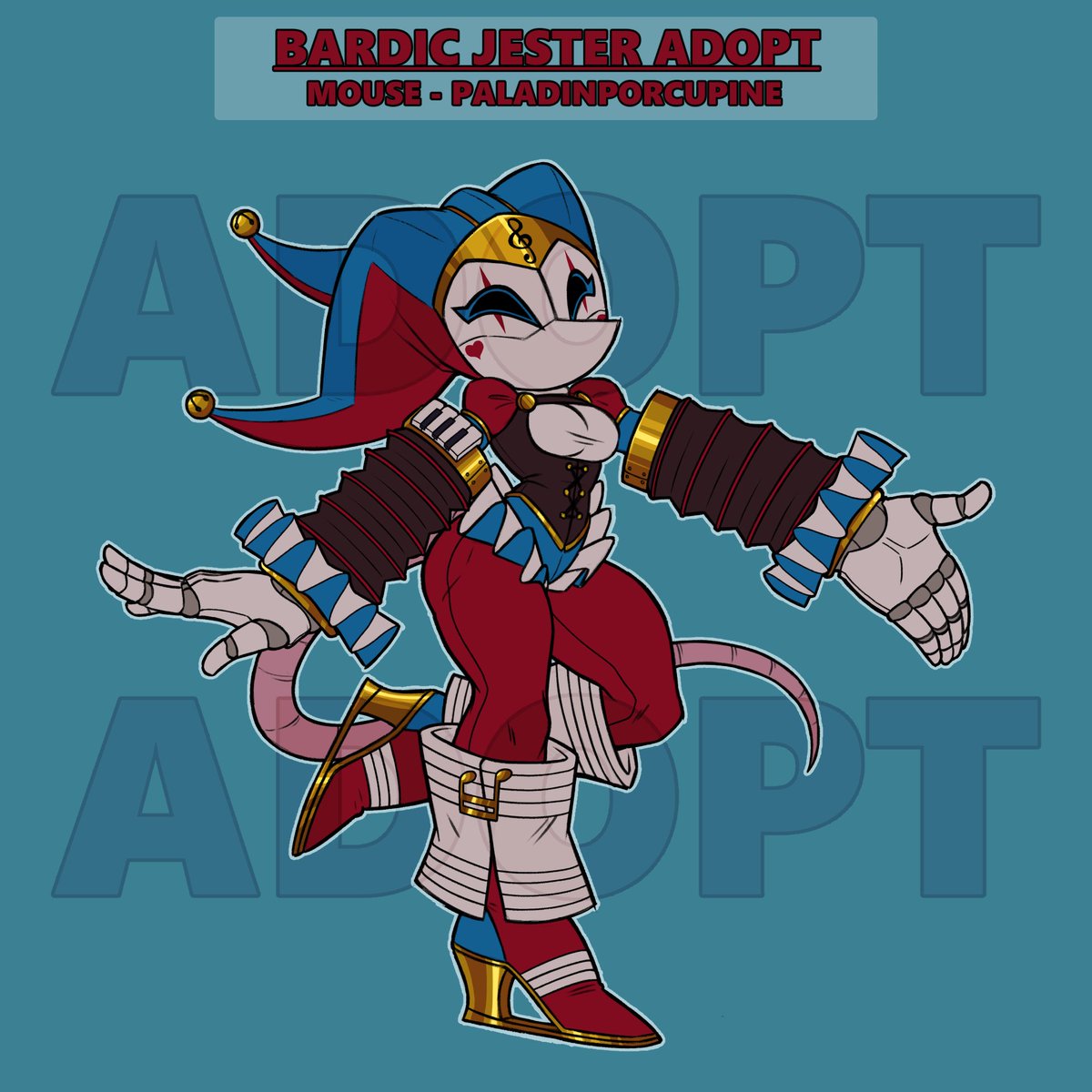 PallyPorcupine's tweet photo. 🎵 Bardic Jester Adopt 🎵
Species: Mouse

SB: 80 USD
MB: 10 USD
AB: 400 USD

• Auction ends 24 hours after the last bid!
• PayPal only!

Bidding starts below!
Reply to the "Bid here! ⭕" Comment!
Keep all bids in one thread!

#SonicTheHedgehog #Sonicoc #Sonicadoptable https://t.co/Jy75LbvM4o