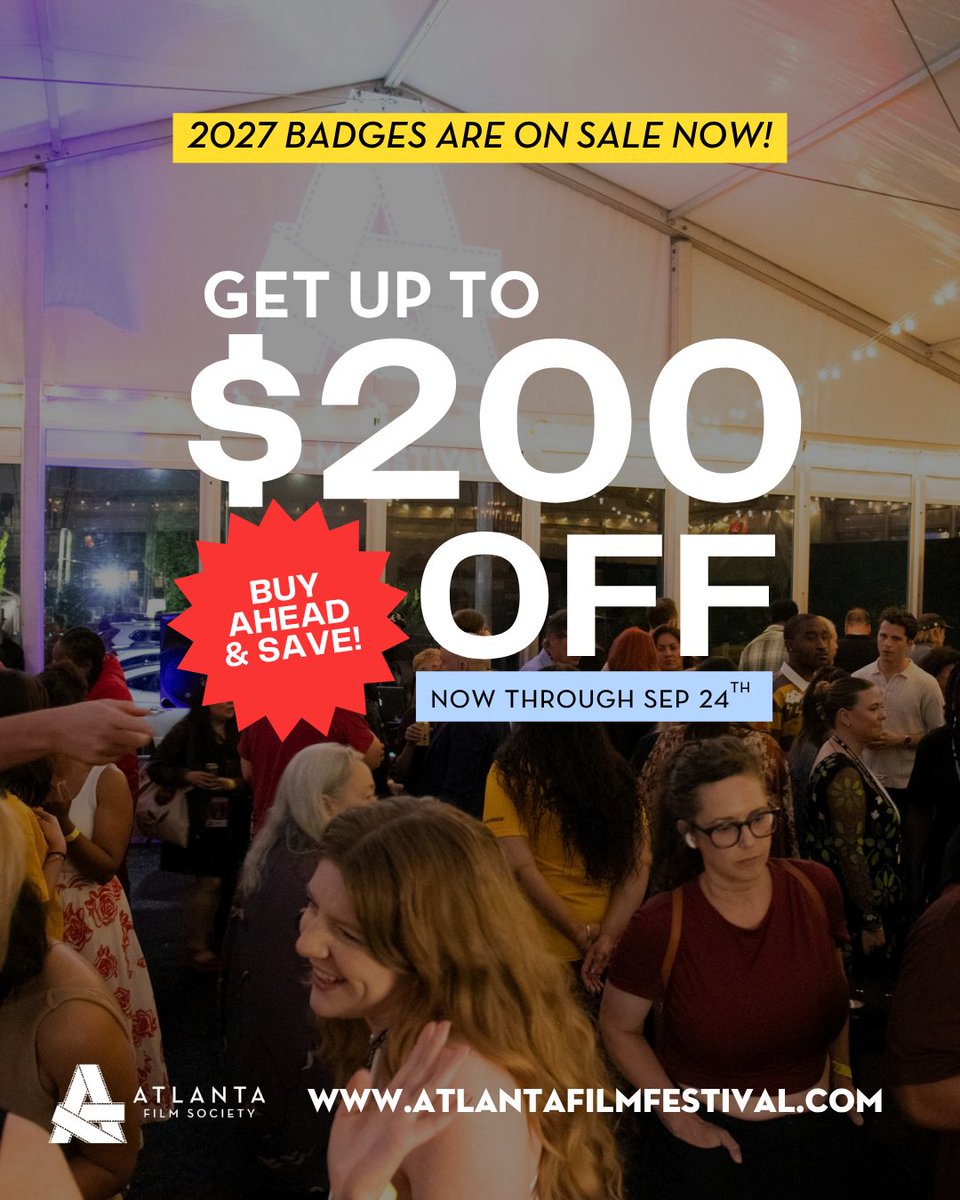 atlantafilmfest's tweet photo. Save up to $200 on your #ATLFF27 badge by going to the https://t.co/m8tdWklSJe today! 🍑🎬 #atlff #atl #southernhollywood #indiefilms https://t.co/ua8RxvFL0Y