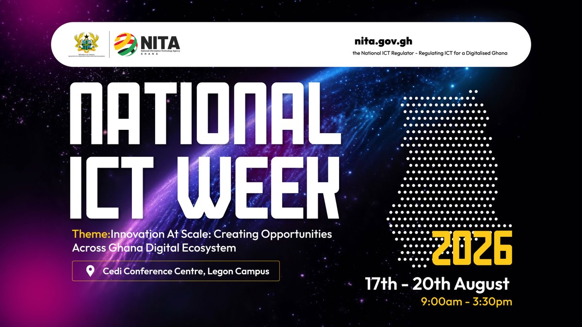kwekutech's tweet photo. national ict week 2026 is happening from 17th to 20th august at the cedi conference centre, university of ghana, legon.

@NITAGhana is bringing the country's digital ecosystem together under one theme: innovation at scale, creating opportunities across ghana's digital ecosystem.

sessions run from 9am to 3:30pm daily. we're the official media partner and we'll be there for all four days. 

see you there [link to register in below👇]