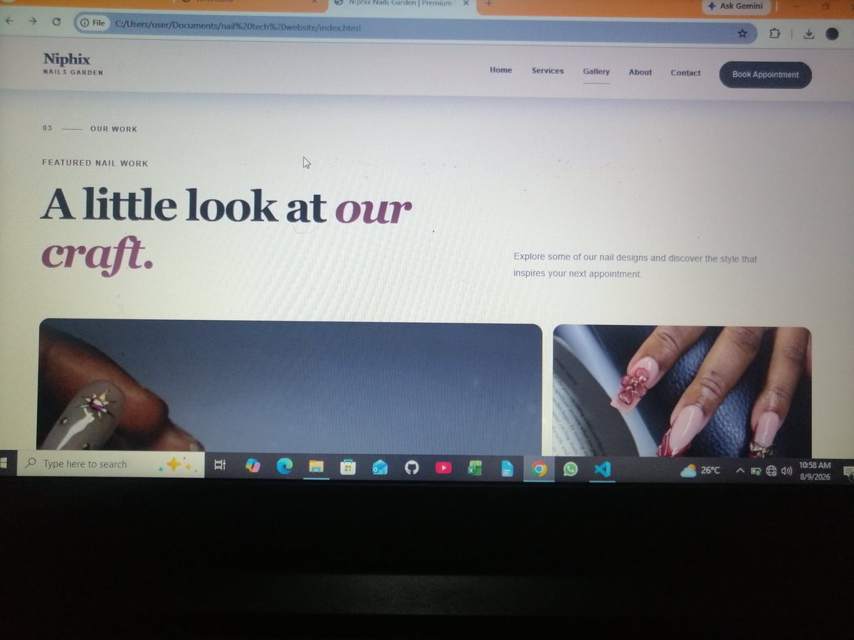 decoderblessing's tweet photo. Today’s project 💅🏽💻

Designed a clean, modern website concept for a nail &amp; beauty business.

Simple. Professional. Built to make the brand look as good online as it's offline.

Another project added to  the portfolio. 

DM me if your business needs a website.
#website #nailtech https://t.co/UaZRplA5TR