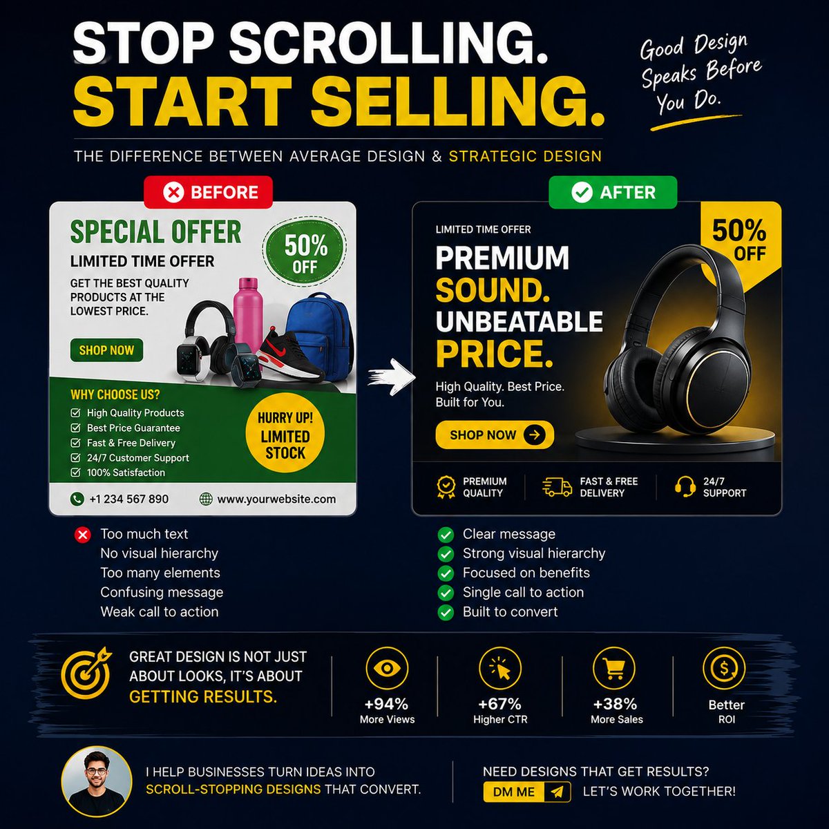 98Designexpert's tweet photo. STOP SCROLLING. START SELLING.
Your design has 3 seconds to earn attention.
Make the message clear.
Make the visual memorable.
Make the next action obvious.
Good design gets attention. Great design drives action.
#GraphicDesign #DesignTips
#Timothy #Bedminster https://t.co/TAYfbXPkiF