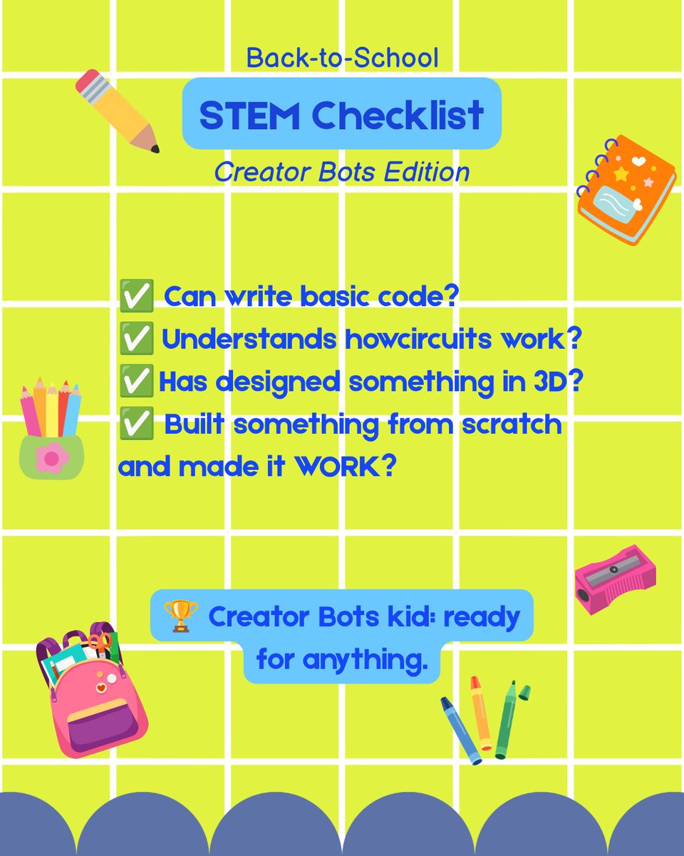 creatorbots's tweet photo. Free for educators: the Creator Bots Back-to-School Curriculum Pack — lesson plans, NGSS/CSTA/ISTE alignment, group project frameworks + assessment rubrics. Everything you need to launch in September. Download 👇 https://t.co/FGUmhbF43T  #STEMTeachers #BackToSchool https://t.co/7pAnpktVDw