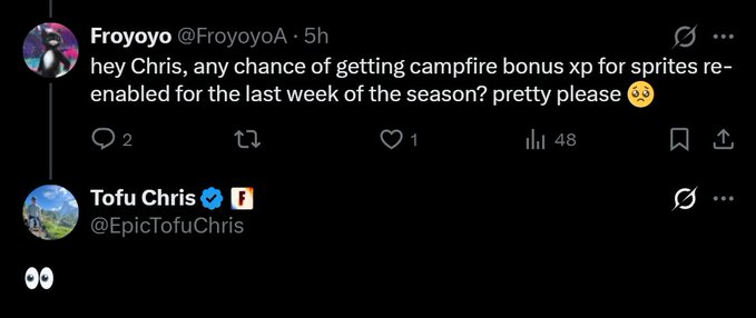 LootTrackerFN's tweet photo. CAMPFIRES WILL GIVE DOUBLE SPRITE XP FOR THE END OF SEASON ‼️

#Fortnite via: @EpicTofuChris https://t.co/WLfI2WSjr2