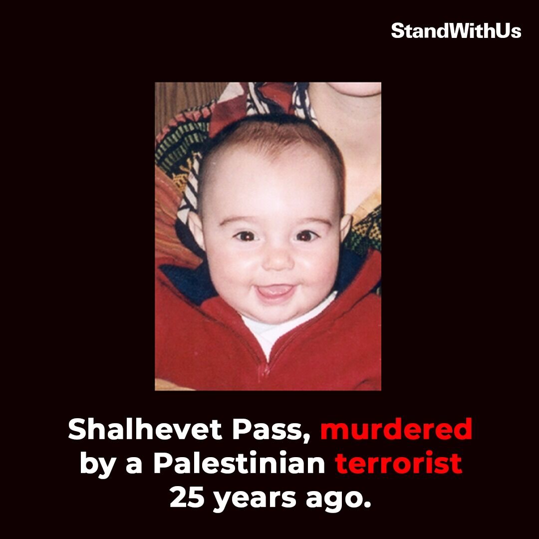 StandWithUs's tweet photo. Twenty-five years ago, a series of horrific terrorist attacks shook Israel and the Jewish world.
Palestinian terrorists murdered ten-month-old Shalhevet Pass as she sat in her stroller. Koby Mandell and Yosef Ishran, two young teenagers, were brutally murdered while hiking in the hills of Tekoa. Another Palestinian terrorist entered the Sbarro pizzeria in the heart of Jerusalem carrying a guitar case filled with explosives and detonated it, murdering 16 people and injuring more than 100 others.
In the wake of these and other catastrophic acts of terrorism, StandWithUs emerged. To express our outrage, to provide context through education, and to stand with the people of Israel during a period of unfathomable violence and grief.

From some of Israel’s darkest hours arose an organization determined to help our people.  An organization that would be strategic, courageous, and impactful.

We understood that outrage alone was not enough. Israel needed people who could tell our story clearly and confidently, confront misinformation with facts, and help others understand the history and humanity behind the headlines.

What began with a few determined volunteers, grew into an international educational movement. Twenty-five years later, we continue to develop informed and courageous leaders, empower students facing hostility, and build an ever-expanding global network of people willing to stand up for Israel and the Jewish people.

StandWithUs continues to meet each new challenge with the same sense of urgency, purpose, and responsibility that inspired its founding.
May we see true peace in our lifetimes.  Am Yisrael Chai!

@RozRothstein