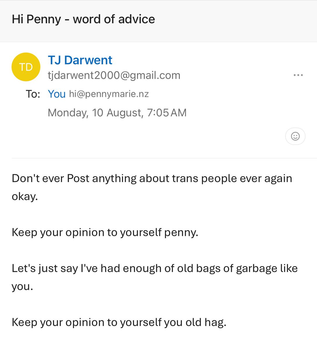 pennymarienz's tweet photo. I just got sent some ‘advice’
A charming email from someone who likely identifies as ‘trans’.
These people are a danger to ordinary folk and free speech. 
Yet society molly-coddles, promotes, waves flags and funds them. Why? https://t.co/dKKSPVzLIP