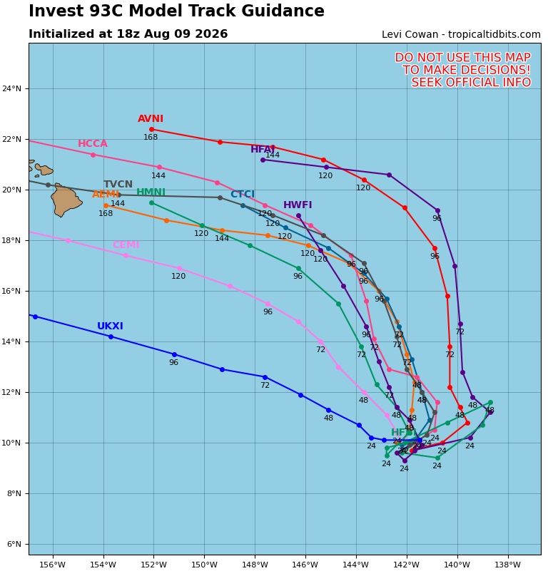 MaxVelocityWX's tweet photo. Hawaii is now on alert as a tropical disturbance in the Central Pacific has a high chance of developing into a tropical cyclone in the coming days. The National Hurricane Center has designated this system Invest 93C. While forecast models remain uncertain on exactly where it could pass, Hawaii should closely monitor the system and finalize hurricane plans in case impacts become a threat.

The next name on the Central Pacific naming list is "Lala."