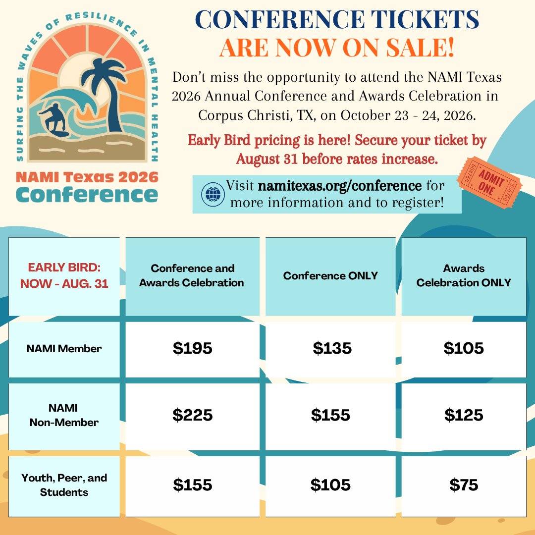 NAMITexas's tweet photo. 🎟️Tickets are on sale for the NAMI Texas 2026 Annual Conference &amp; Awards Celebration: #SurfTheWavesOfResilience in Mental Health 🌊💙✨

⏰ Early Bird pricing ends Aug. 31 — secure your ticket before rates increase!

Register: https://t.co/7YejtQPtJa https://t.co/gJNiQ8glr5