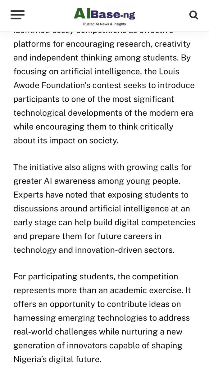 louisawode's tweet photo. We’re inspiring the next generation to think, create, and lead with AI. 

Proud to see the Louis Awode Foundation’s AI Essay Contest featured on @aibasenig 

For us, this is bigger than an essay competition. https://t.co/spj19bQ2Bj